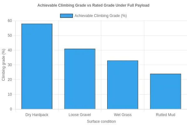 Bar chart of achievable climbing grade on dry hardpack, loose gravel, wet grass, and rutted mud versus a 60% rated grade