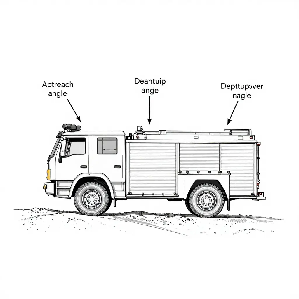 Technical diagram of a 6x6 fire truck on undulating terrain showing approach angle, departure angle, and ramp breakover angle