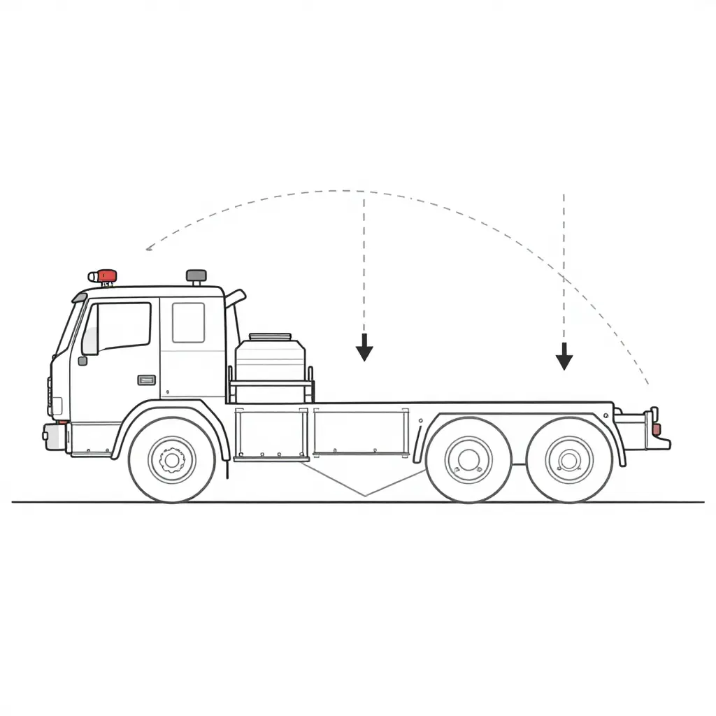 Technical diagram of a 6x6 fire truck chassis showing three axles, load distribution arrows at the front, middle, and rear, a tank payload block, and the approach, departure, and breakover angles against a ground line.
