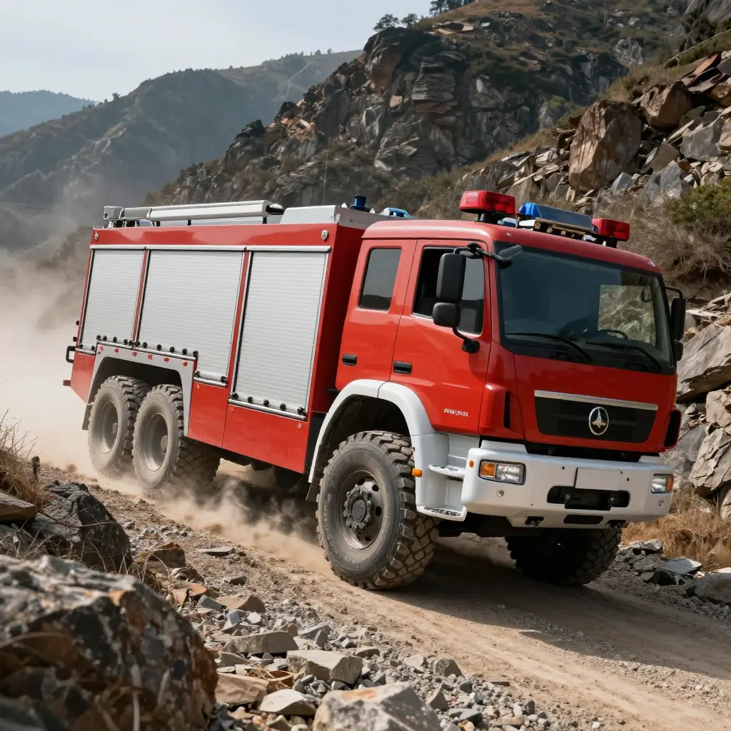 A heavy-duty three-axle 6x6 off-road fire truck climbing a steep rugged mountain trail