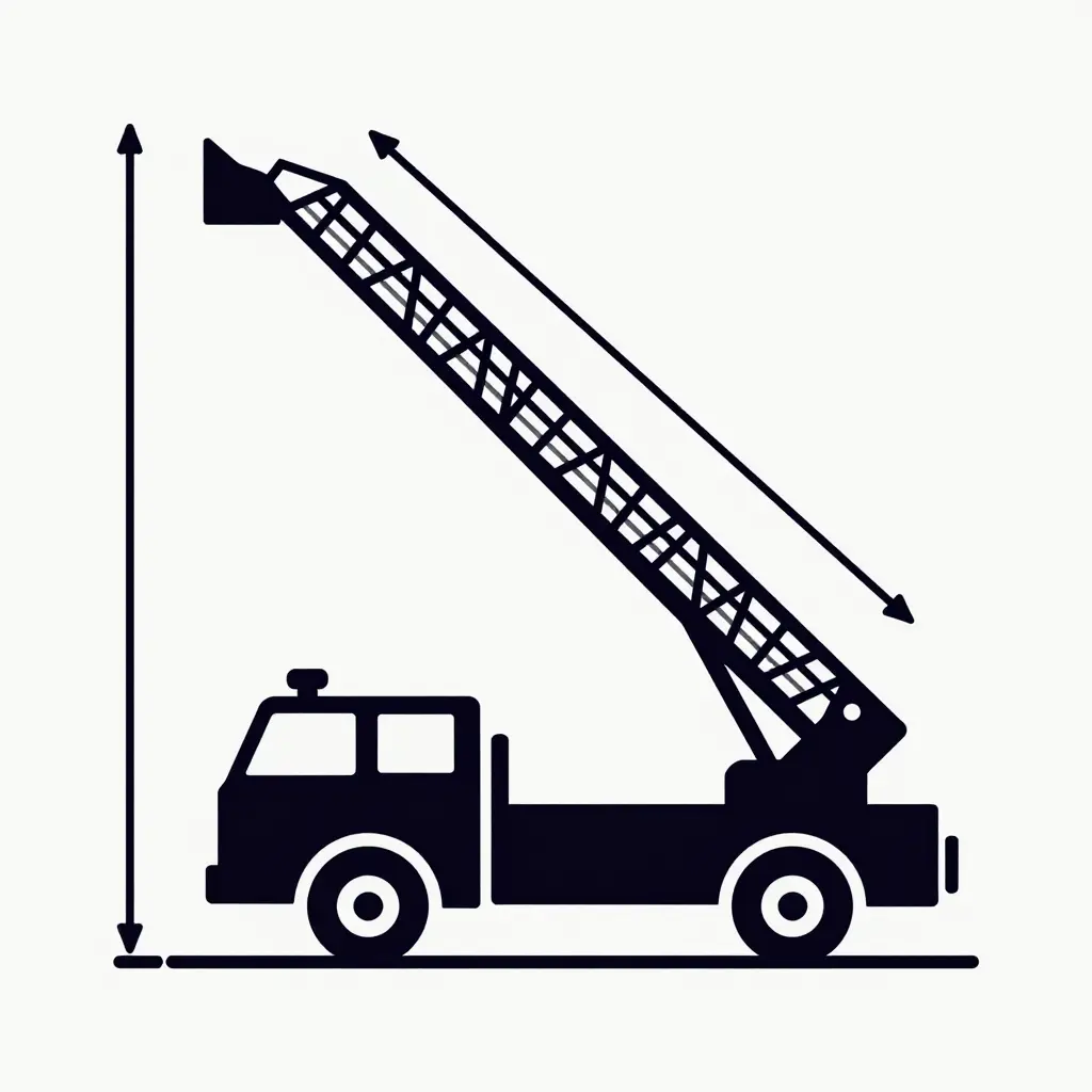 Side-view diagram of an aerial ladder truck showing the vertical working-height measurement and the diagonal ladder-length measurement along the extended ladder.
