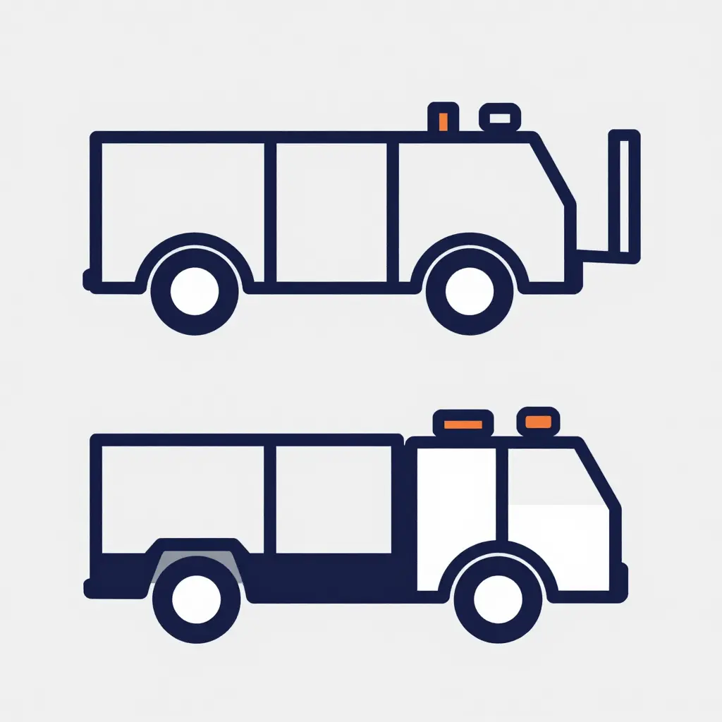 Flat 2D schematic comparing a lighter commercial fire truck chassis with two axles against a heavier custom chassis with three axles and taller frame rails, each paired with a simplified ladder bracket, illustrating how chassis class mismatches create hidden cost gaps