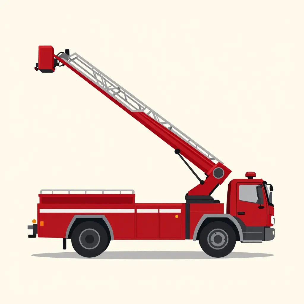 Side-profile silhouette of a municipal aerial ladder truck with its ladder extended, shown in flat deep-red and gray shapes on a light background