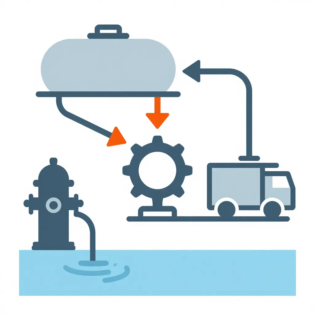 Flat 2D schematic diagram of a pumper fire truck water path, showing the onboard water tank and external water sources such as a hydrant, tender, and draft supply feeding into the fire pump, with arrows indicating flow direction and a branch to the discharge lines