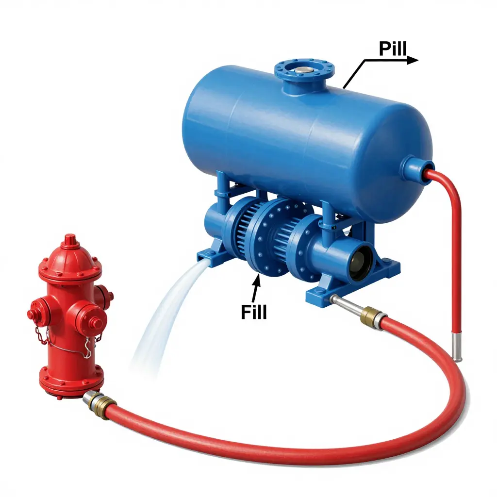 Cutaway diagram of a pumper fire engine water system showing the onboard tank, fire pump, booster line, handline, and external hydrant, tender, and draft supply connections.